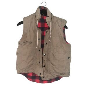 Vintage Women's Puffy Outdoors Winter Buffalo Plaid Quilted Tan Vest w/ Pockets